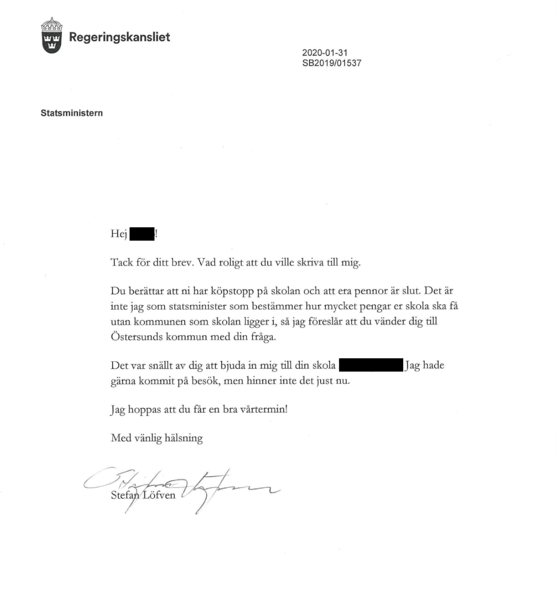 Stefan Löfvens svar till 10-åringen Stefan Löfvens svar till 10-åringen